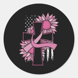 Brustkrebs-Sonnenblume-Rosa-Band-Kreuz-Glaube Runder Aufkleber