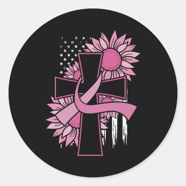 Brustkrebs Sonnenblume Rosa Ribbon Cross Faith Runder Aufkleber (Vorderseite)