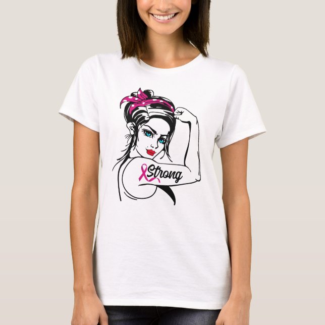 Brustkrebs stark Rosie The Riveter Pink Ribbon T-Shirt (Vorderseite)