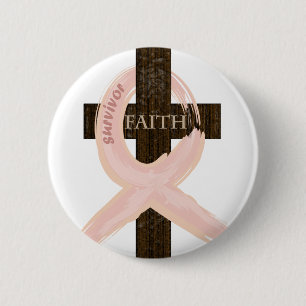 Brustkrebs-Überlebend-Rosa Band-Kreuz des Glauben Button