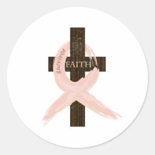 Brustkrebs-Überlebend-Rosa Band-Kreuz des Glauben Runder Aufkleber