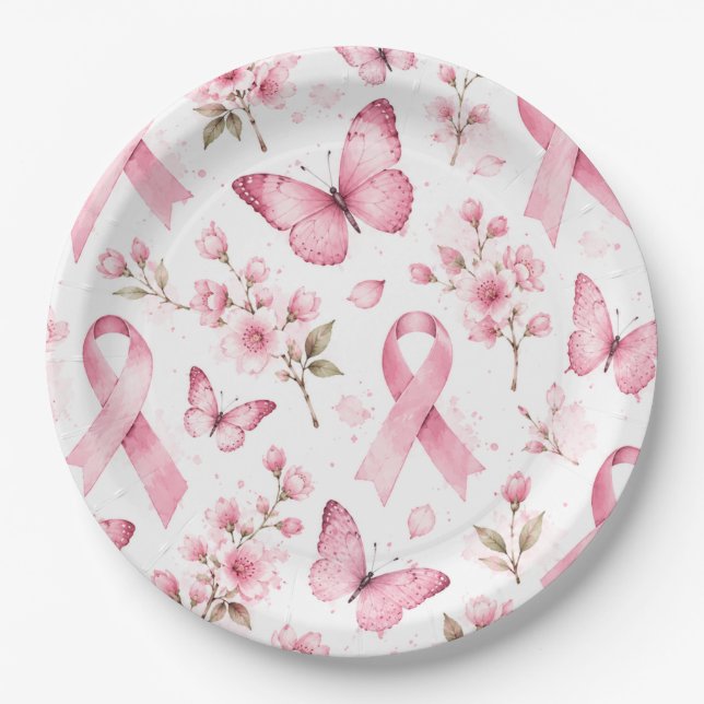 Brustkrebsbewusstsein mit rosa Schleife Pappteller (Vorderseite)