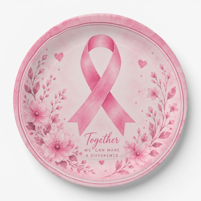 Brustkrebsbewusstsein mit rosa Schleife  Pappteller (Vorderseite)