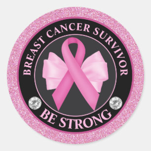 Brustkrebsüberlebende – Pink Ribbon & Bow Glitter Runder Aufkleber