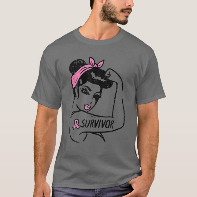 Brustkrebsüberlebung Rosie Riveter Pink Awarenes T-Shirt (Vorderseite)