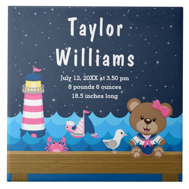Brutstatistik der Nautical Girl Bear Pink Navy Fliese (Vorderseite)