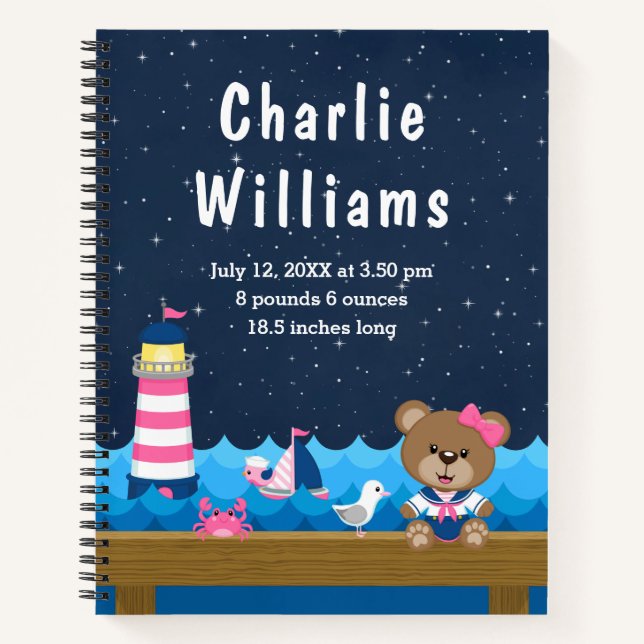 Brutstatistik der Nautical Girl Bear Pink Navy Notizbuch (Vorderseite)
