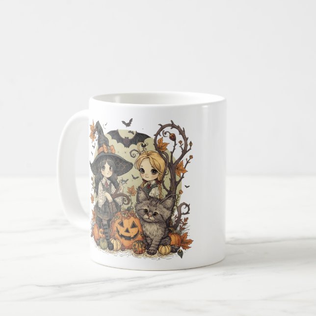 Bruxinhas Kawaii com Gatinho e Abóboras  Kaffeetasse (Vorderseite Links)