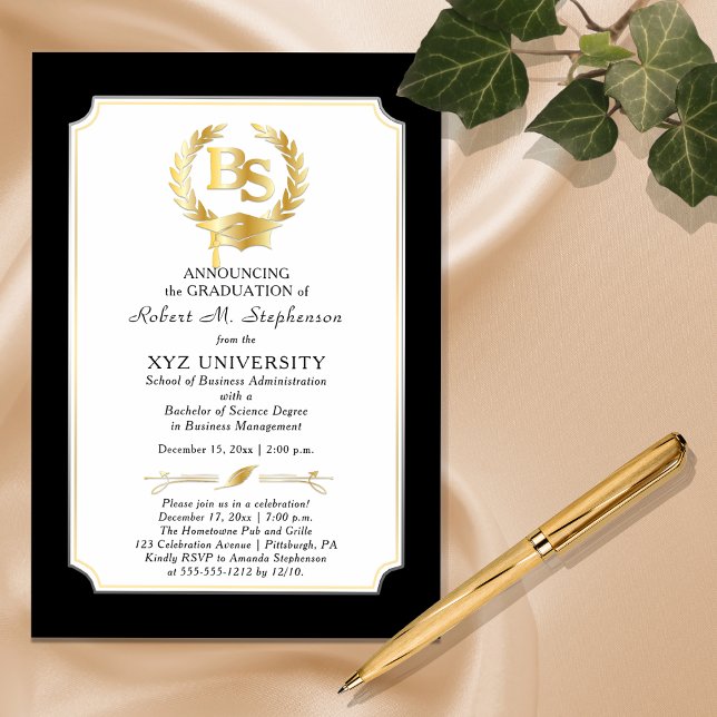 BS - Bachelor of Science Degree Uni-Abschluss Folieneinladung (Elegant "BS" Bachelor of Science Degree College Graduation Foil Invitation)