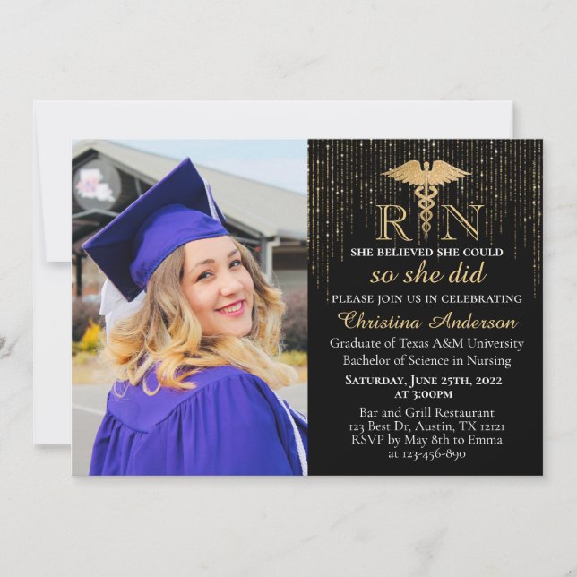 BSN RN Gold Glitzer Nursing Foto Graduation Party Einladung (Vorderseite)