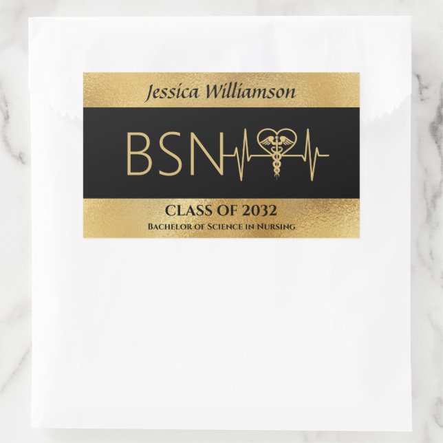 BSN RN LPN Nurse Graduton Party Elegant Black Gold Rechteckiger Aufkleber (Tasche)