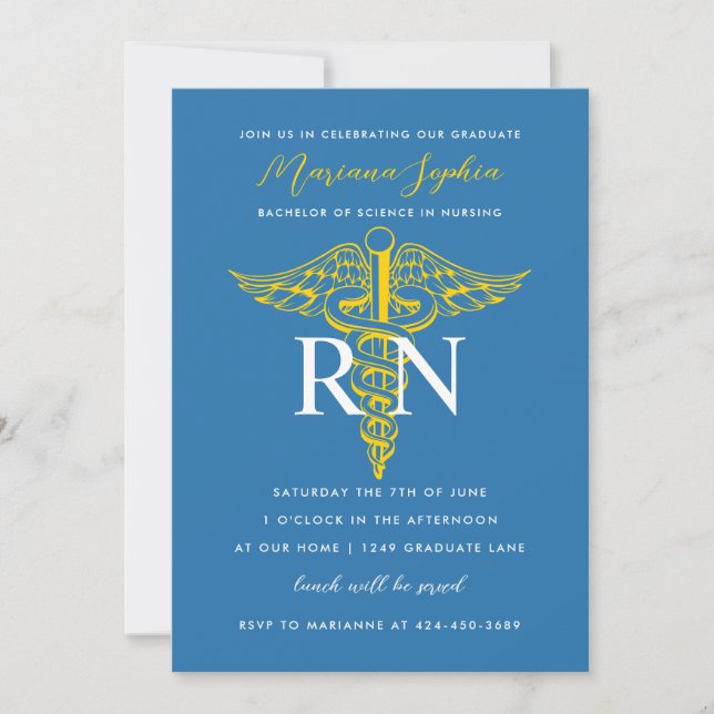 BSN RN Nurse Abschluss Blue and Gold Einladung (Vorderseite)