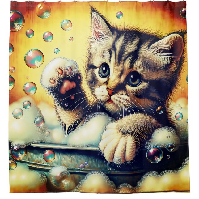 "Bubble Bath Kitten - Whimsical Bath Time Art" Duschvorhang (Vorderseite)