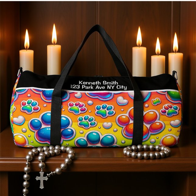 Bubble Paw Print Rainbow Travel Monogram Personal Duffle Bag (Von Creator hochgeladen)