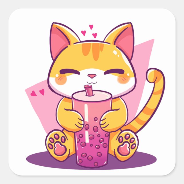 Bubble Tea Kitty Quadratischer Aufkleber (Vorderseite)
