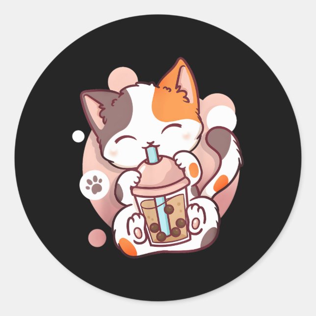 Bubble Tee Cat Boba Neko Anime Kawaii Japanisch Runder Aufkleber (Vorderseite)