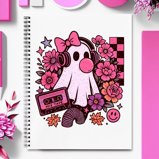 Bubblegum ästhetisches Retro Ghost Girl Halloween Notizbuch (This ghost girl design mixes 90s aesthetic nostalgia with playful Halloween charm.)
