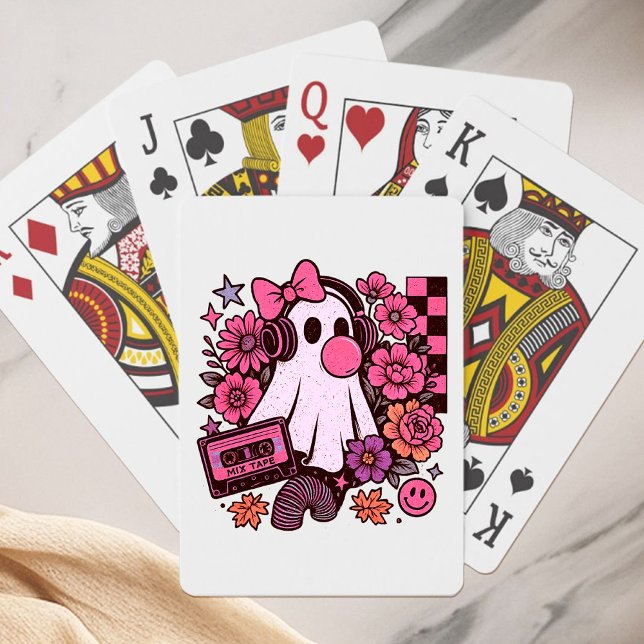 Bubblegum ästhetisches Retro Ghost Girl Halloween Spielkarten (This ghost girl design mixes 90s aesthetic nostalgia with playful Halloween charm.)