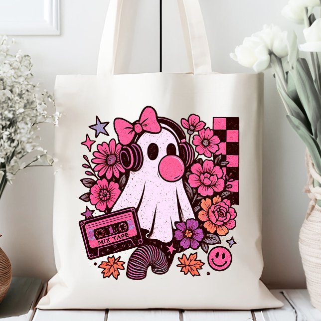 Bubblegum ästhetisches Retro Ghost Girl Halloween Tragetasche (This ghost girl design mixes 90s aesthetic nostalgia with playful Halloween charm.)