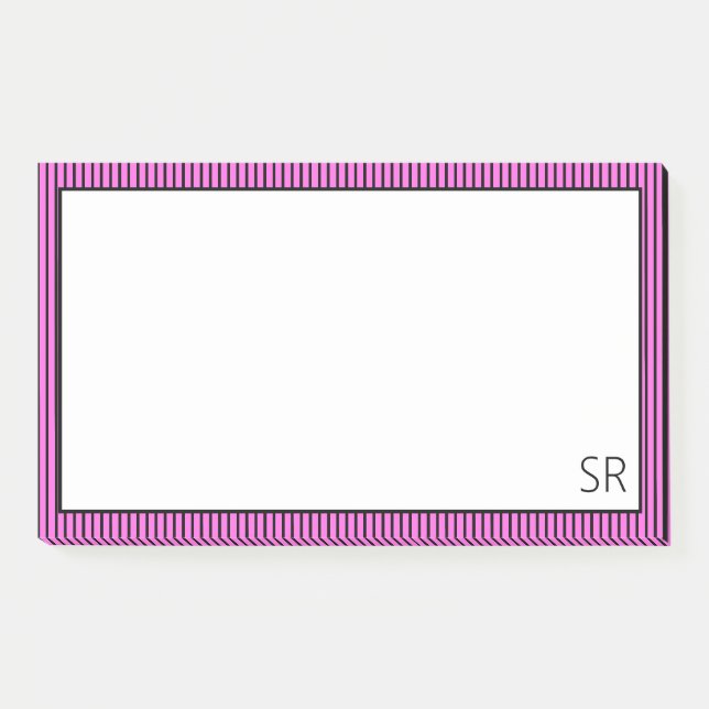 Bubblegum Pink Black Striping Border | Monogramm Post-it Klebezettel (Vorderseite)
