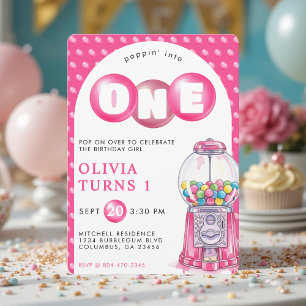 Bubblegum Pink Poppin' Girl 1. Geburtstag Party Einladung