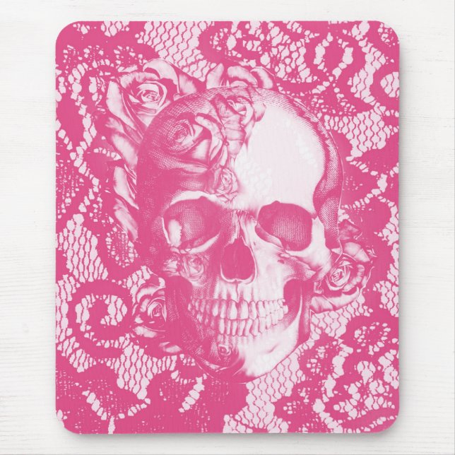 Bubblegum rosa Rosenschädel auf Spitze Mousepad (Vorne)