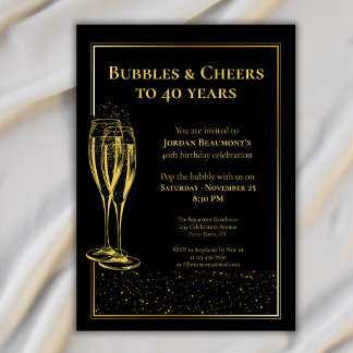 Bubbles and Cheers Black Gold 40th Birthday Party Einladung