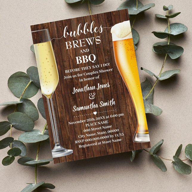 Bubbles Brews & BBQ Western Couples Invitation de  (Bubbles Brews and BBQ Couples Shower, Champagne and Beer and BBQ western country wedding)