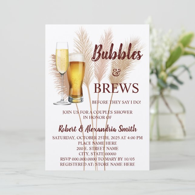 Bubbles & Brews Paare Polterabend Pampas Einladung (Stehend Vorderseite)