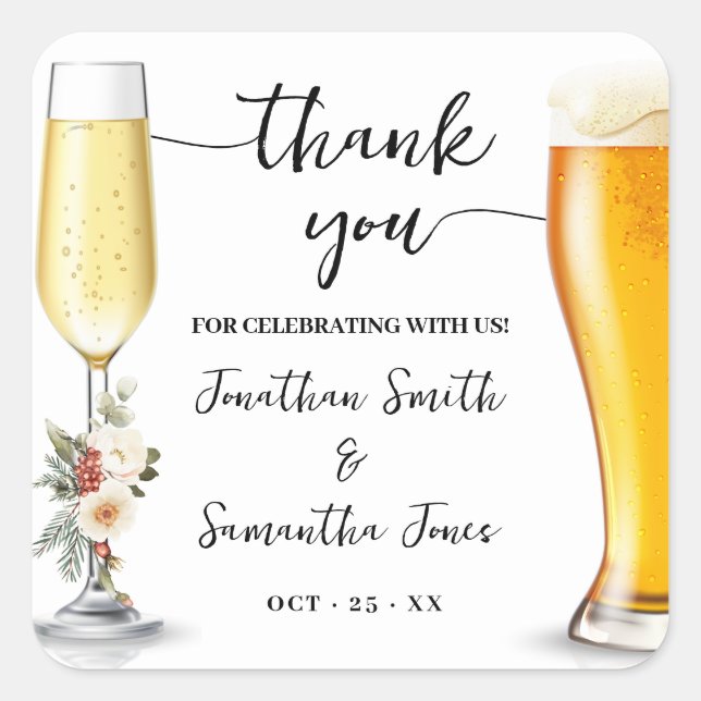 Bubbles & Brews Thank You Winter Wedding Quadratischer Aufkleber (Vorderseite)