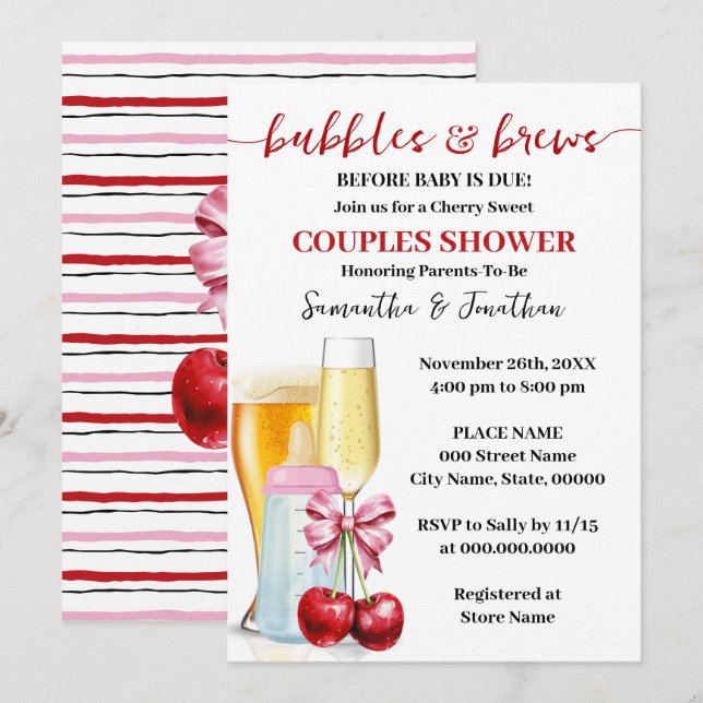 Bubbles & Brews vor Baby due Cherry Baby Dusche Einladung (Vorne/Hinten)