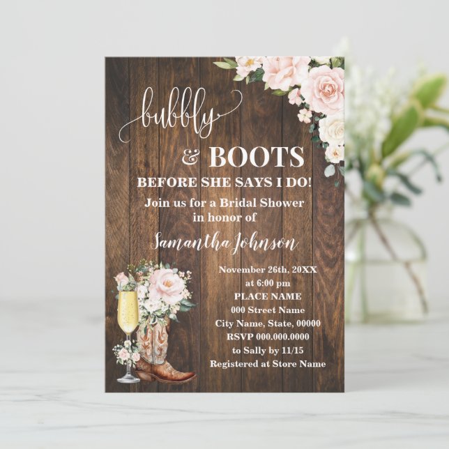 Bubbly & Boost Brautparty Pink Floral Western Einladung (Stehend Vorderseite)