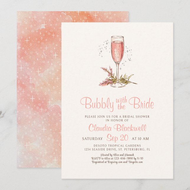 Bubbly Brautparty Peach Apricot Einladung (Vorne/Hinten)