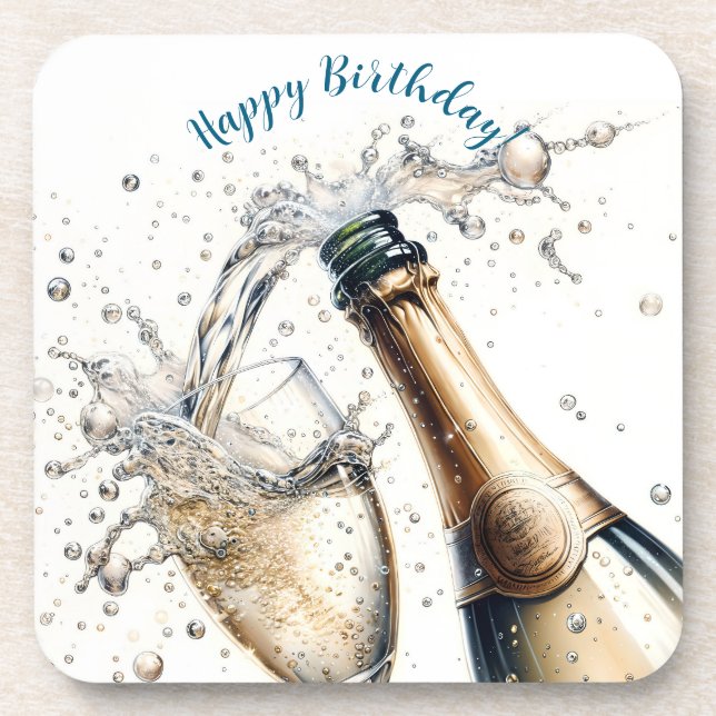 Bubbly champagne Happy Birthday Getränkeuntersetzer (Vorderseite)