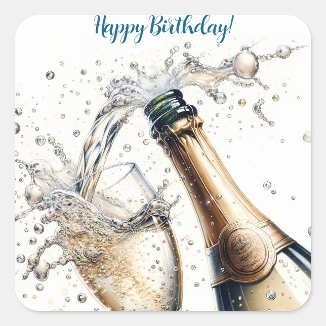 Bubbly champagne Happy Birthday Quadratischer Aufkleber (Vorderseite)