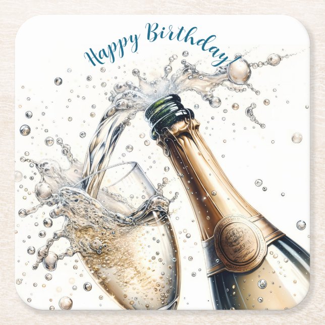 Bubbly champagne Happy Birthday Rechteckiger Pappuntersetzer (Vorderseite)
