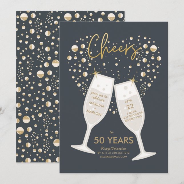 Bubbly Cheers Champagne Wedding Anniversary Party Einladung (Vorne/Hinten)
