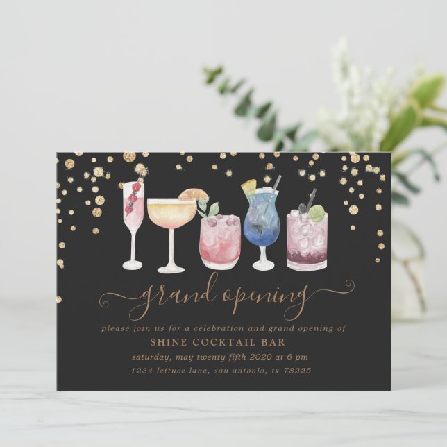 Bubbly Cocktails Gold and Glitzer Grand Opening Einladung (Stehend Vorderseite)