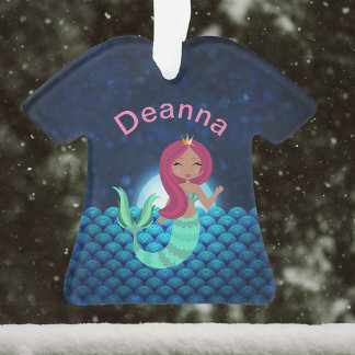 Bubbly Mermaid in Green and Blue in Monlit Ocean Ornament