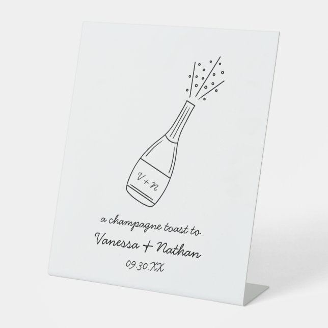 Bubbly Popping Champagner Flasche Whimsical Weddin Sockelschild (Vorderseite)