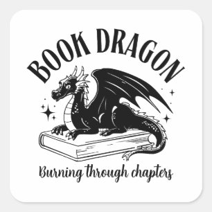 Buch Drache Fantasy Leser Schwarz und Weiß Quadratischer Aufkleber