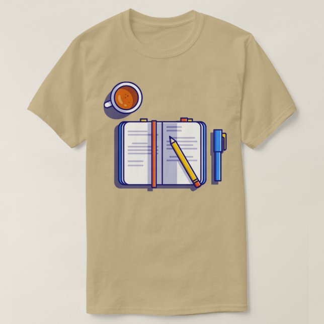 Buch mit Bleistift und Kaffee T-Shirt (Design vorne)