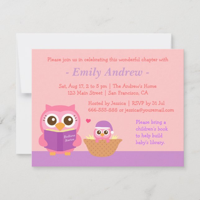 Buch Themed, Owl Baby Girl Dusche Einladungen (Vorderseite)