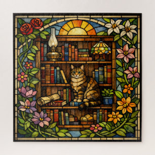 Buch- und Katzenliebhaber Faux-Buntglas