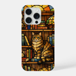 Buch- und Katzenliebhaber Faux-Buntglas iPhone 15 Pro Hülle