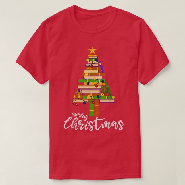 Buch Xmas Tree Light Reading Books Librarian Famil T-Shirt (Design vorne)