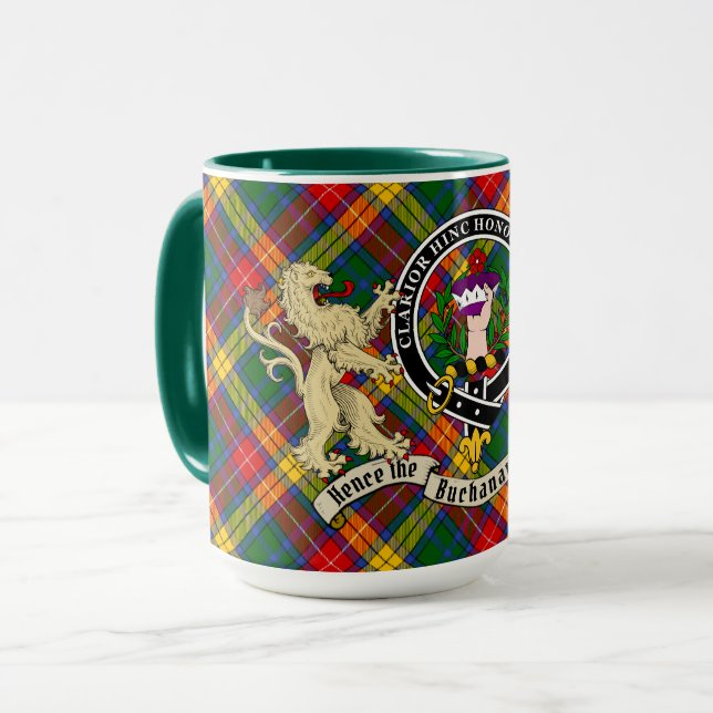 Buchanan Clan Abzeichen & Tartan Personalized Mug Tasse (Vorderseite Links)