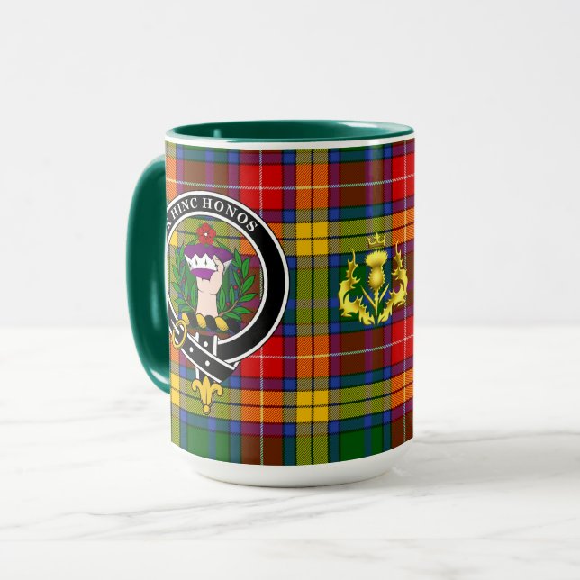 Buchanan Clan Abzeichen & Tartan Tasse (Vorderseite Links)