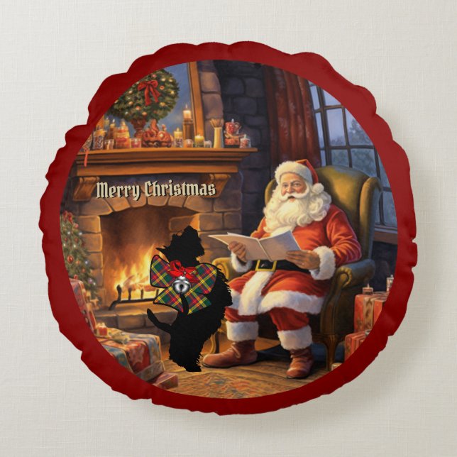 Buchanan Scottie Dog & Santa Personalisiert Xmas Rundes Kissen (Vorderseite)