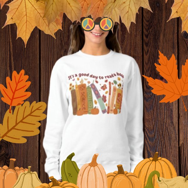 Buchbuch Liebhaber, OrangePumpkin und Herbstlaub Sweatshirt (Bookish book Lovers Shirt; Women's Basic Sweatshirt Wight color, cute orange pumpkin, fall/autumn, )